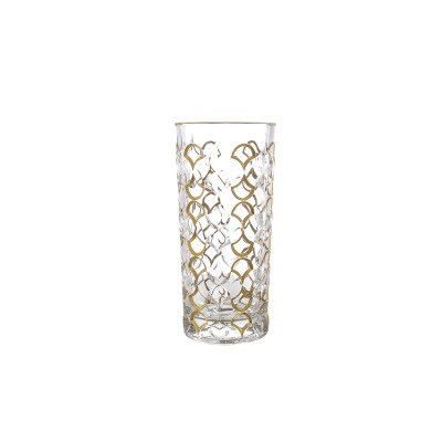 Wazon kryształowy Bohemia ARABESQUE GOLD o wysokości 28 cm. Przezroczyste szkło zdobione eleganckim, złotym wzorem arabeski, widoczne na białym tle.