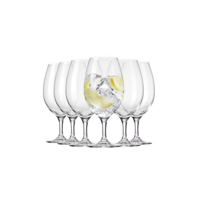 Zestaw sześciu kieliszków uniwersalnych Professional od Krosno Glass S.A. o pojemności 580 ml. Jeden z nich wypełniony lodem i cytryną, pozostałe puste.
