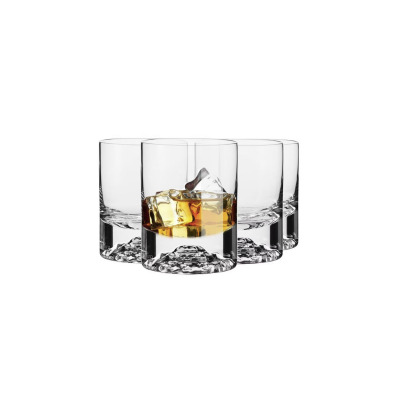 Zestaw czterech szklanek do whisky ICEBERG Unique marki Krosno Glass o pojemności 300 ml. Przezroczyste naczynia z ozdobnym, fakturowanym dnem imitującym lód.