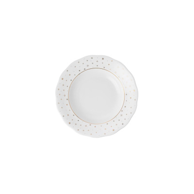 Talerz głęboki 22,5 cm Ćmielów Alaska Blask Świąt z białej porcelany o falistym brzegu, zdobiony delikatnym motywem złotych gwiazdek i subtelną złotą linią.