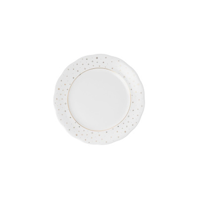 Talerz płytki 26 cm Ćmielów BN07 Alaska Blask Świąt o falistym brzegu. Biała porcelana zdobiona delikatnym, złotym motywem gwiazdek na obrzeżu i złotym rantem.