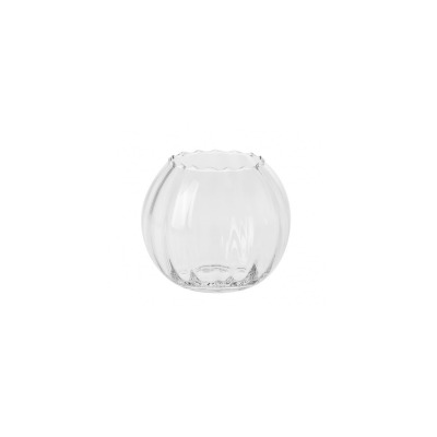 Szklany wazon optyk pionowy Krosno Glass o wysokości 15,5 cm. Przezroczyste naczynie o kulistym kształcie z delikatnie falowanym brzegiem i pionowymi