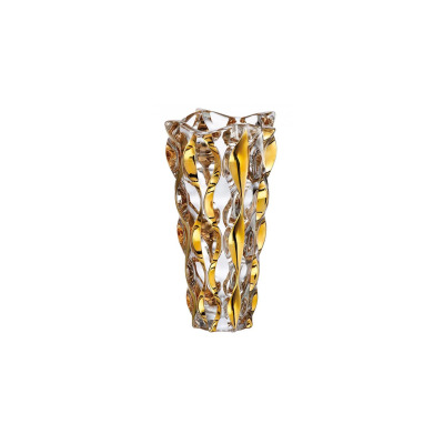 Wazon kryształowy Samba Opera Gold marki Bohemia o wysokości 30,5 cm. Eleganckie naczynie z przezroczystego szkła zdobione pionowymi, złotymi pasami o falistym