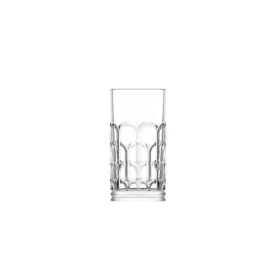 Szklanka wysoka Archie marki LAV o pojemności 390 ml. Przezroczyste szkło z eleganckim, wypukłym wzorem w kształcie łuków na dolnej części i stabilną podstawą.