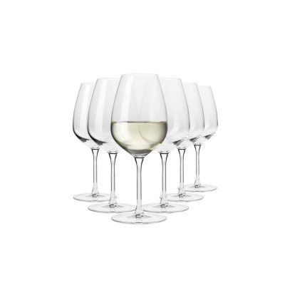 Zestaw sześciu eleganckich kieliszków do wina białego Divine marki Krosno Glass o pojemności 530 ml. Przezroczyste szkło o smukłym kształcie, jeden kieliszek