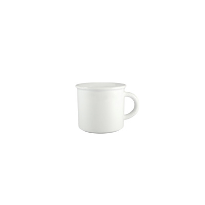 Biały porcelanowy kubek Riva marki Lubiana o pojemności 300 ml. Klasyczne naczynie o gładkiej powierzchni i zaokrąglonym uchwycie, widoczne z profilu na białym