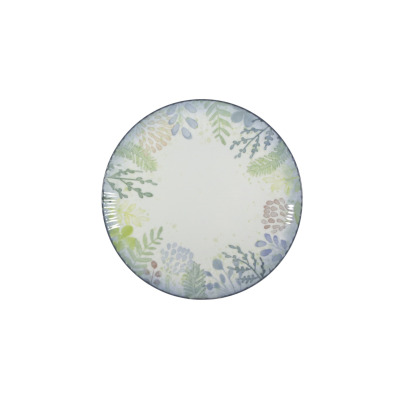 Talerz płytki 27 cm Lubiana 9144 DAISY Watercolor z delikatnym, akwarelowym motywem roślinnym w odcieniach zieleni, błękitu i brązu na białym tle. Widok z góry.