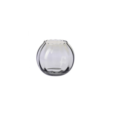 Szklany wazon optyk pionowy marki Krosno Glass w kolorze dymnym. Okrągłe naczynie o wysokości 15,5 cm z charakterystycznym falowanym brzegiem i pionowymi