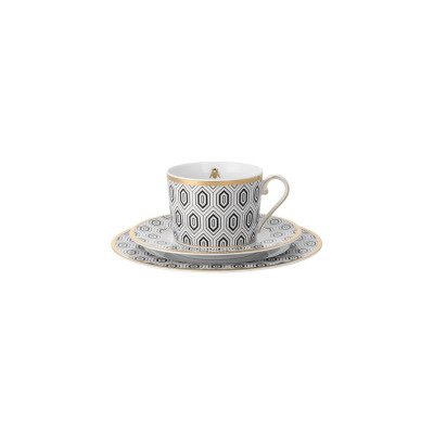 Zestaw do kawy Ćmielów Jenny Bee Like w czarno-biały geometryczny wzór. Trzyczęściowy komplet z porcelany z akcentem złotej pszczoły i eleganckim wykończeniem