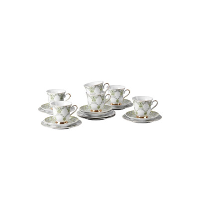 Zestaw kawowy Ćmielów ASTRA Meander dla 6 osób. Komplet 18 części z białej porcelany w zielono-złoty wzór, ustawiony w eleganckie filiżanki ze spodkami.