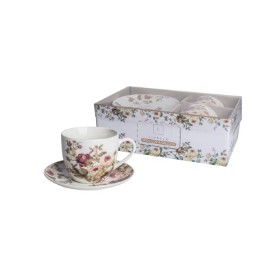 Zestaw dwóch filiżanek 250 ml ze spodkami marki Kaczyński Sp.J. w ozdobnym pudełku. Porcelana z motywem róż. Na opakowaniu napis: Livello 4pcs cup & saucer.