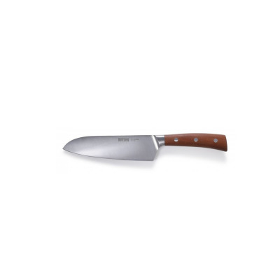 Nóż santoku 17 cm marki Skottsberg z ostrzem ze stali japońskiej i drewnianą rękojeścią z trzema nitami, widoczny z profilu na białym tle.