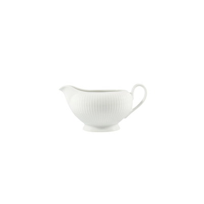 Biała porcelanowa sosjerka Chodzież Dalia C001 o pojemności 400 ml. Naczynie posiada eleganckie pionowe żłobienia, klasyczny uchwyt oraz stabilną podstawę.