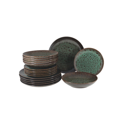 Zestaw talerzy dla 6 osób Lubiana STONEWARE S010T Jade. Komplet 18 części z kamionki o cieniowanej, zielono-brązowej barwie i prążkowanej strukturze brzegów.