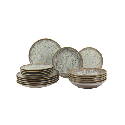 Zestaw talerzy dla 6 osób Lubiana STONEWARE S009T Meteor. Komplet 18 naczyń z kamionki o nakrapianym wzorze, obejmujący głębokie miski oraz płaskie talerze.