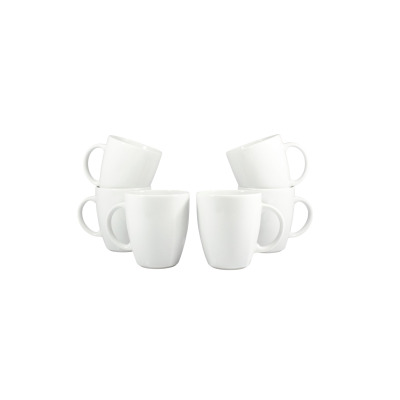 Zestaw sześciu białych kubków Victoria marki Lubiana o pojemności 350 ml. Naczynia z porcelany ustawione w dwóch grupach, prezentujące klasyczny