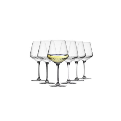 Zestaw sześciu kieliszków do wina Chardonnay Avant-Garde Lumi od Krosno Glass. Szklane naczynia o pojemności 560 ml z charakterystycznym żłobkowaniem, jeden