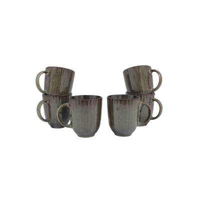 Zestaw 6 kubków Lubiana STONEWARE S010T Jade w odcieniu zieleni. Naczynia z kamionki o pionowo żłobionej teksturze, ustawione w dwóch grupach po trzy sztuki.