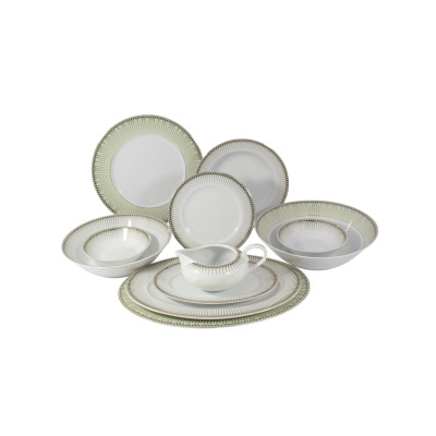 Serwis obiadowy Chodzież H115 Yvonne dla 12 osób. Komplet 44 części z białej porcelany zdobiony delikatnym zielonym wzorem z subtelnymi detalami na krawędziach.