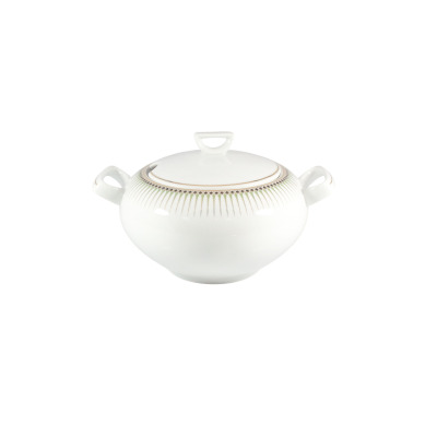 Biała porcelanowa waza Chodzież H115 Yvonne o pojemności 3 litrów z pokrywką, ozdobiona subtelnym zielono-brązowym wzorem przy krawędziach i uchwytach.