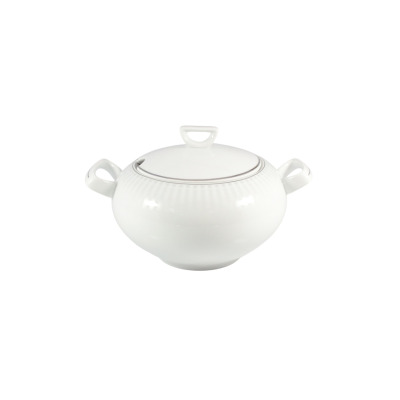 Biała porcelanowa waza Chodzież H109 Yvonne o pojemności 3 litrów. Naczynie z pokrywką i dwoma uchwytami, ozdobione subtelnym, pionowym żłobkowaniem.