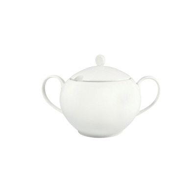 Biała porcelanowa waza Venus o pojemności 2,70 l marki Lubiana. Naczynie o zaokrąglonym kształcie z dwoma uchwytami i dopasowaną pokrywką, widok z przodu.