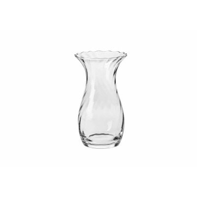 Przezroczysty szklany wazon Krosno Glass o wysokości 25 cm z charakterystycznym skręconym optykiem i falistym brzegiem, prezentowany na białym tle.
