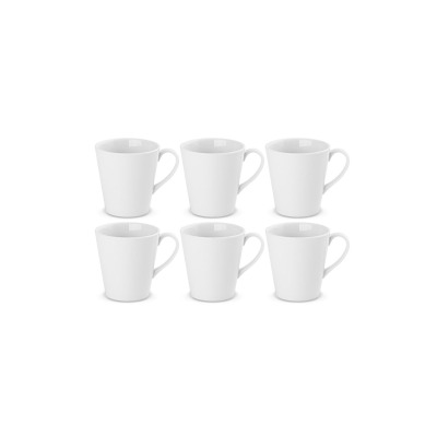 Zestaw 6 białych kubków Gerlach Modern White o nowoczesnym, minimalistycznym designie. Porcelanowe naczynia ustawione w dwóch rzędach na czystym, białym tle.