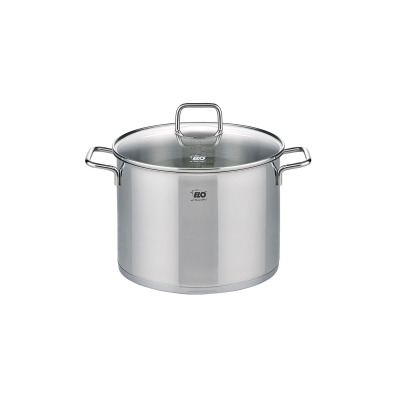 Garnek z pokrywką Elo Citrin o pojemności 9,5 l i średnicy 26 cm. Wykonany z polerowanej stali nierdzewnej, z widoczną miarką wewnątrz i logo marki na froncie.