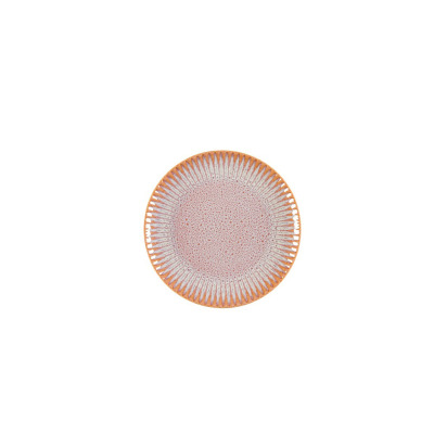 Talerz deserowy 21 cm Lubiana Stoneware S011T Blush Daisy z różowym, nakrapianym środkiem i dekoracyjnym, żłobionym brzegiem w odcieniu ciepłego beżu.