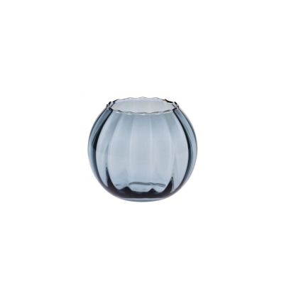 Szklany wazon optyk pionowy Krosno Glass o wysokości 15,5 cm w odcieniu szaro-niebieskim. Okrągłe naczynie z dekoracyjnymi żłobieniami i falowanym brzegiem.