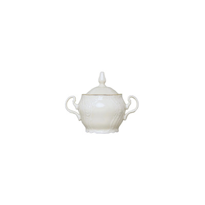 Kremowa cukiernica Bernadotte Ivory Gold marki Thun o pojemności 0,22 l. Eleganckie naczynie z porcelany z delikatnymi tłoczeniami i złotym wykończeniem.