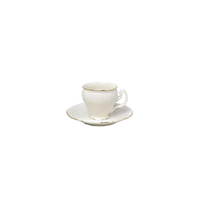 Filiżanka 90 ml ze spodkiem Bernadotte Ivory Gold marki Thun. Eleganckie naczynie w kolorze kości słoniowej z delikatnym tłoczeniem i złotym wykończeniem