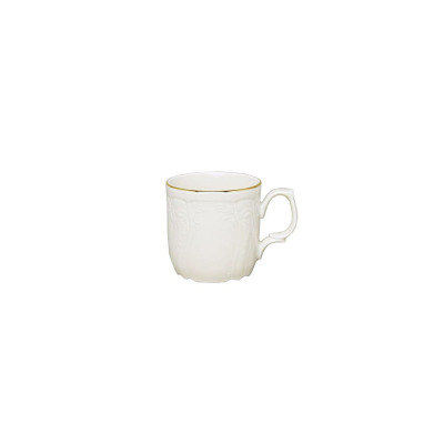 Elegancki kubek 250 ml Bernadotte Ivory Gold marki Thun w kolorze kości słoniowej, zdobiony delikatnym reliefem i subtelnym złotym obrzeżem, ujęty na białym