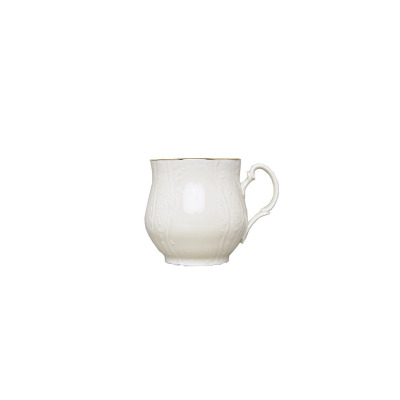 Kremowy kubek Thun Jonas 310 ml z serii Bernadotte Ivory Gold. Porcelanowe naczynie o pękatym kształcie z tłoczonymi zdobieniami i eleganckim złotym