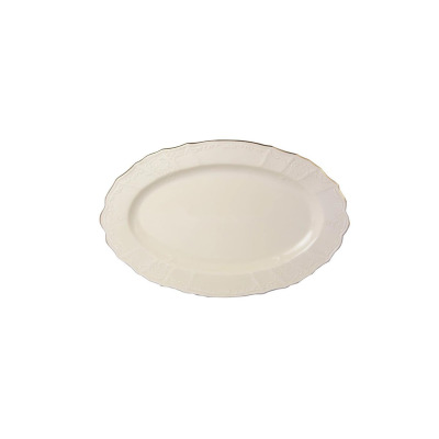 Owalny półmisek Bernadotte Ivory Gold marki Thun o średnicy 26 cm. Elegancka porcelana w kolorze kości słoniowej z delikatnym reliefem i złotym zdobieniem