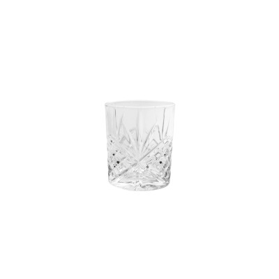 Szklanka niska Gatsby marki Verlo o pojemności 300 ml. Przezroczyste szkło o eleganckim, geometrycznym szlifie z wyraźnym wzorem gwiazdy na ściankach.