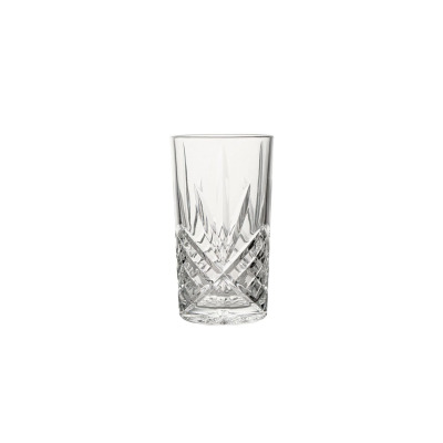 Szklanka wysoka Gatsby marki Verlo o pojemności 350 ml. Przezroczyste szkło z eleganckim, geometrycznym szlifem w dolnej części, widoczne na białym tle.