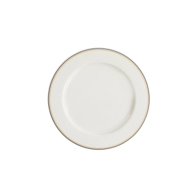Talerz płytki Verlo Forte Lino o średnicy 27 cm w kolorze kremowym z subtelnym zdobieniem w postaci cienkich, eleganckich pasków na obrzeżu, widok z góry.