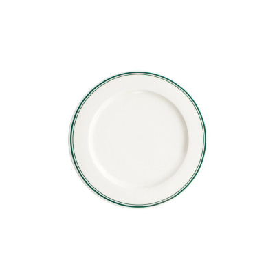 Talerz płytki Forte Vira marki Verlo o średnicy 27 cm. Białe naczynie z eleganckim, podwójnym zielonym paskiem na obrzeżu, widok z góry na płaską powierzchnię.