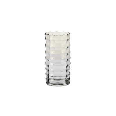Szklany wazon optyk pionowy Krosno Glass w kolorze dymno-niebieskim. Wysoki, cylindryczny kształt z falowaną krawędzią i dekoracyjną, żłobioną fakturą ścianek.