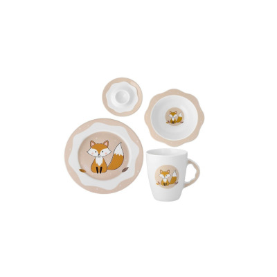 Zestaw naczyń dla dzieci Ćmielów Calineczka W047 Lisek: biała porcelana z motywem uroczego liska, obejmująca talerzyk, miseczkę, kubek i podstawkę na jajko.