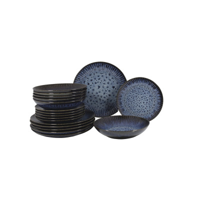 Zestaw talerzy 18 części STONEWARE S006T Cosmos marki Lubiana. Komplet naczyń dla 6 osób w odcieniach granatu z nakrapianym wzorem i żłobionymi brzegami.