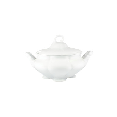 Biała porcelanowa waza Ćmielów Bolero o pojemności 2,80 l. Klasyczne naczynie z pokrywką, ozdobnymi uchwytami i profilowaną podstawą, widoczne na białym tle.