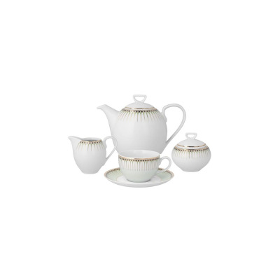 Porcelanowy zestaw kawowy Chodzież H115 Yvonne: biały dzbanek, cukiernica, mlecznik oraz filiżanka ze spodkiem, ozdobione eleganckim, zielono-złotym motywem