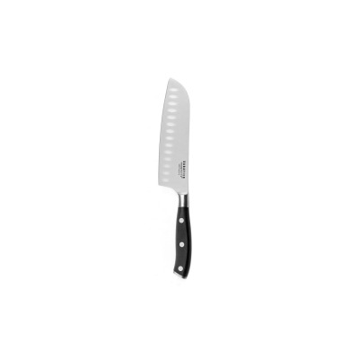 Nóż Santoku 16 cm Amefa 8657 Vulcano z czarną rękojeścią na trzech nitach. Stalowe ostrze z charakterystycznymi wgłębieniami, widoczny grawer Sabatier