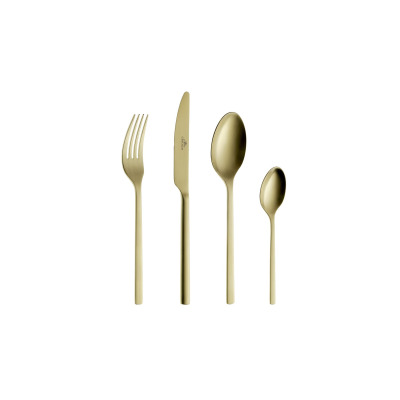 Zestaw sztućców 24 szt. 112 MODERN Gold marki Gerlach w kolorze matowego złota. Komplet obejmuje widelec, nóż z wygrawerowanym logo Gerlach, łyżkę i łyżeczkę.