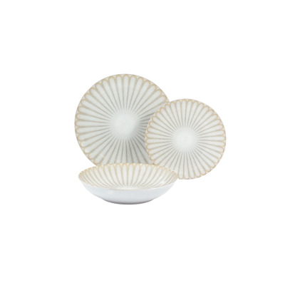Zestaw talerzy Lubiana 9228 Roma Boss dla 6 osób. Komplet 18 części z białej porcelany ozdobiony subtelnym, beżowym wzorem promieniście rozchodzącym się od