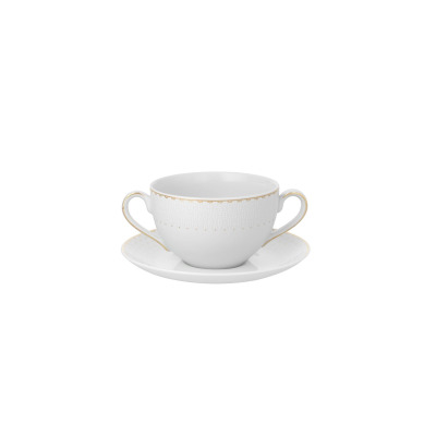 Biała bulionówka 350 ml ze spodkiem H137 YVONNE Bella marki Chodzież. Porcelanowe naczynie z dwoma uszkami, zdobione delikatnym złotym wzorem na krawędziach.
