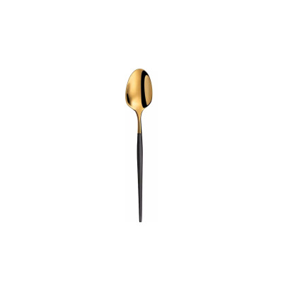 Elegancka łyżka stołowa Amefa 1114 Soprano z błyszczącą, złotą częścią roboczą oraz kontrastującym, matowym czarnym uchwytem o smukłym, nowoczesnym kształcie.